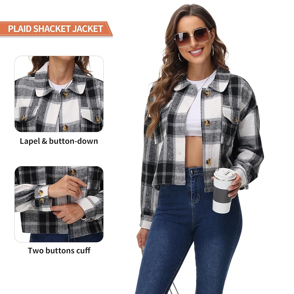 Amazon.com: URBEST Women's Cropped Oversized Plaid Shacket